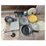 LLS064- Assorted Kitchen Items: Graters, Strainers, Crystal Serving Tray, Frying Pans, Splash Screen LLS064- Assorted Kitchen Items: Graters, Strainers, Crystal Serving Tray, Frying Pans, Splash Screen