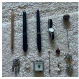LLS100 Vintage Pens, Watch, A Ring, And Pins LLS100 Vintage Pens, Watch, A Ring, And Pins