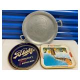 HHC131 - Three Vintage Metal Serving Trays - Coca-Cola, Blatz Beer & Hand Forged Metal HHC131 - Three Vintage Metal Serving Trays - Coca-Cola, Blatz Beer & Hand Forged Metal