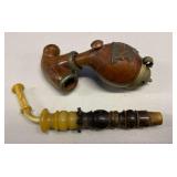 HHC139 - Two Antique Tobacco Pipes - Hand-Carved Wood & Ivory-Like, Horn HHC139 - Two Antique Tobacco Pipes - Hand-Carved Wood & Ivory-Like, Horn