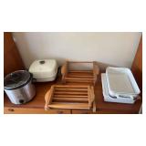 KKT354 Rival Crock Pot, West Bend Sensa-temp Hot Plate, Assorted Wooden Serving Stand, And Container KKT354 Rival Crock Pot, West Bend Sensa-temp Hot Plate, Assorted Wooden Serving Stand, And Container