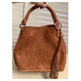 MMM042 Gili Caramel Brown Genuine Leather Ostrich Textured Large Purse Handbag New