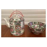 MMM052 Chinese Porcelain Rose Medallion Teapot & Bowl