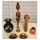 MMM109 Japanese Kokeshi Dolls, Shell Dolls, Korean Enameled Brass Vase & More!