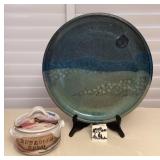 MMM164 Jeff Chang Art Pottery Hawaiian Salt Container & Large Serving Plate