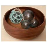 MMM188 Monkey Pod Calabash Bowl & Authentic Japanese Glass Floats