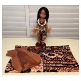MMM199 Vintage Tahitian Doll, Tapa/Kapa Print Tablecloth & Pineapple Cutting Board 
