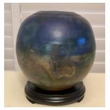 MMM204 Raku Pottery Vase On Wooden Stand 