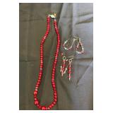 HKM015 - 12” Ruby Colored Beaded Necklace With Earrings  HKM015 - 12” Ruby Colored Beaded Necklace With Earrings