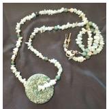HKM048- Green Bead Necklace With Large Mottled Stone Handmade Necklace HKM048- Green Bead Necklace With Large Mottled Stone Handmade Necklace