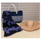 CMS020 Women’s Woven Sun Hat, Pareo & Blue/White Beach Bag Tote