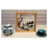 CMS035 Chinese Embroidered Panda Picture, Cloisonné Ginger Jar & Enameled Metal Teacup & Saucer