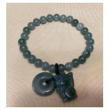 CMS060 Beaded Jade Bracelet With Lucky Neko Cat & Circular Charm New