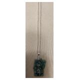 CMS062 Carved Jade Lucky Neko Cat Pendant & 17” Sterling Silver Chain New