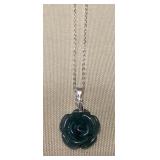 CMS063 Carved Jade Rose Pendant & 17” Sterling Silver Chain New