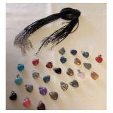 CMS094 Twenty-Five Heart Shaped Polished Stone Pendants With Black Cord Necklaces New