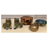 CMS113 Ceramic Foo Dogs, Cloisonné Bowl, Brass Pumpkin & Lacquered Jewelry Box