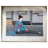 AAA096 Keiko Yurimoto "Woman Playing Koto" Woodblock Print