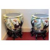 AAA195 - Pair of Glazed Pottery Planters with Wood Stands - Toucan Motif