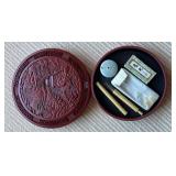 AAA250 - Vintage Japanese Calligraphy Tools Set Carved Red Cinnabar Lacquer Round Lidded Box