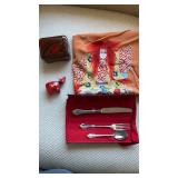 AAA262- Vintage Kabuki Silk Scarf, Lacquer Box, Animal Figure & Silverware 