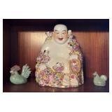 NFF003-Vintage Porcelain Laughing Buddha w / Children & Other Figurines