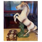 NFF096 - Vintage Ceramic Horse & Wood Box with Ornate Metalwork