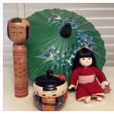 MFS044 Japanese Kokeshi Doll, Doll, Bowl Set & Chinese Umbrella 