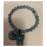 MFS068 Beaded Jade Bracelet With Lucky Neko Cat & Circular Charm New