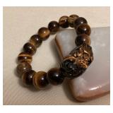 MFS124 Polished Tiger’s Eye Stone Beaded Bracelet With Foo Dog New