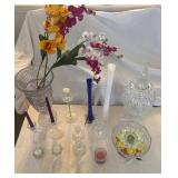 EAT054 - Assorted Crystal Cut Vases, Candle Holders & Faux Orchids