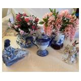 EAT068 - Lot of Porcelain Vases, Figurines & Beautiful Faux Flower Arrangements
