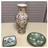 MMP002 Chinese Hand Painted Porcelain Vase & Pewter Framed Dishes