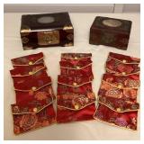 MMP005 Chinese Wooden Jewelry Boxes & Twelve Embroidered Satin Pouches