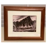MMP145 Koa Framed Etched Drawing Print Titled Kaneohe Landscape