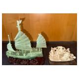HKF065 Jade Chinese Ship and Soapstone Carvings