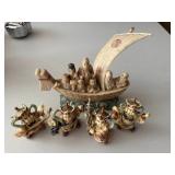 HKF077 - East Asian Bone Carved figure Sets - Takarabune Ship & Four Heavenly Kings