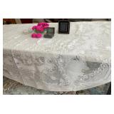 HKF178 - Lacy Tablecloth With Lalique Brooch, Lancel Frame, Candy Dishes