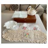 HKF188 - Wooden Silverware Case, Swan Planter, Candy Dish, & Doilies 