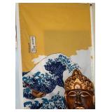 EHE025 Wooden Buddha Face with Great Wave Scroll