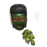 EHE039 - Multi lot of Green wood carved historical masks & clay leaf mask 