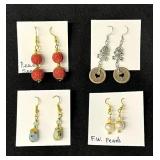 EHE173 - Myrna Lee Chang Peach Seed, Fresh Water Pearl, Pewter Frog, & Handmade Glass Bead Earrings