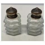 EHE319 - Pair of Antique Art-Deco Glass Salt & Pepper Shakers w/Sterling Silver Tops