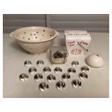 EHE402 Silver Toned Fortune Cookies, Ceramic Manapua & Ceramic Mejiro Colander 