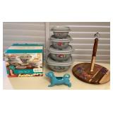 EHE404 Pioneer Woman Food Storage Bowl Set, Lazy Susan & Ceramic Dog Shaped Creamer