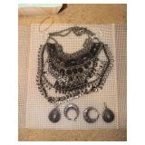 EBE128 - Silver Toned Tribal/Ethnic Necklace with Matching Earrings 