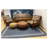 WGG356 Sofa, Tropical Rattan Chairs, Round Coffees Table With Blue Area Rug, and Throw Pillows 