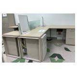 WGG728 Two L-Shaped Modular Desks With A Standing Desk Converter, Lamp, & Mirror 