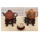 MMC102 Chinese Clay Teapots & Netsuke Elephant With Wooden Stands