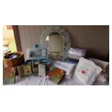 MFT024 Sewing, Linen, Books, & Etched Floral Mirror